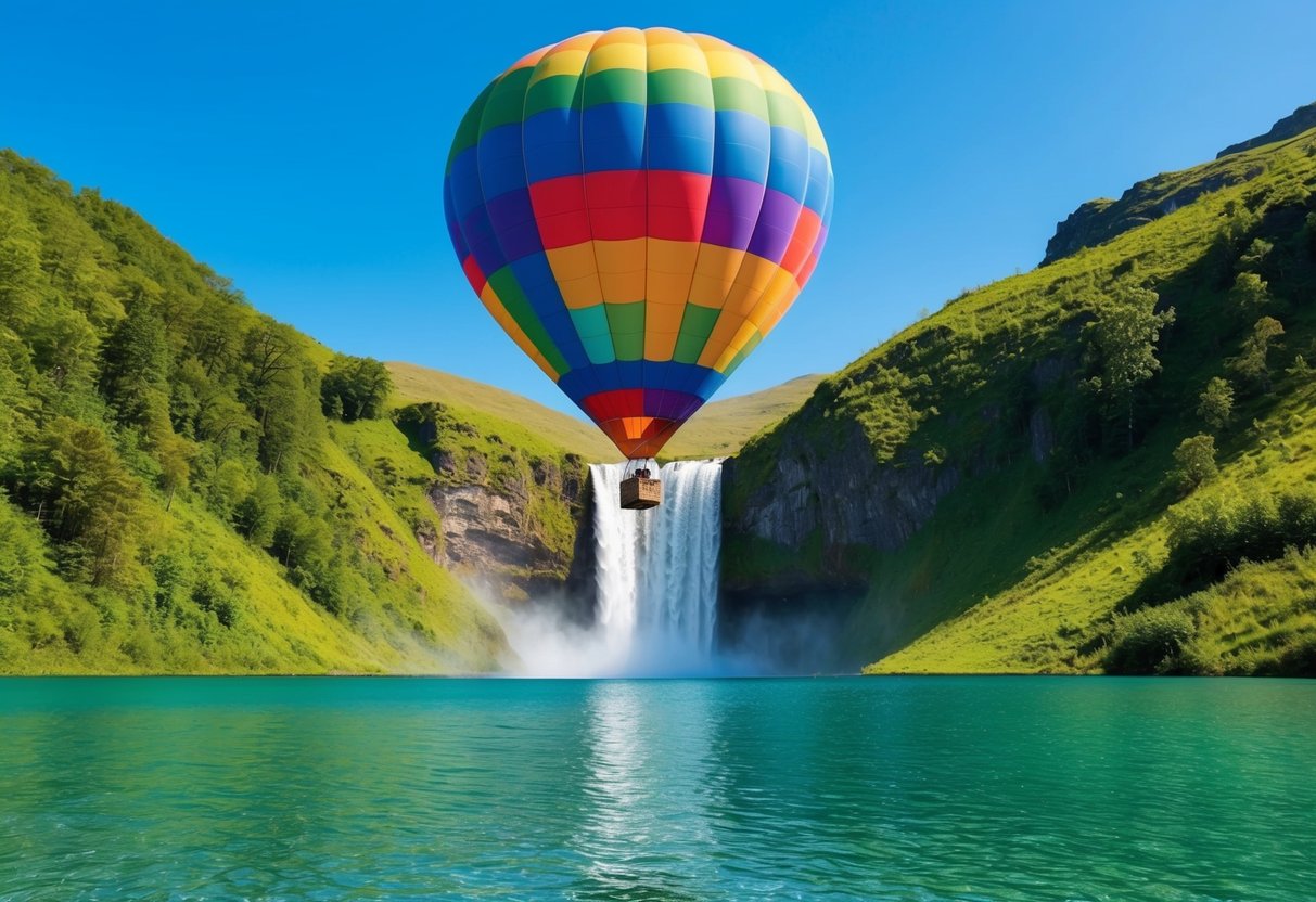 A colorful hot air balloon floating above a lush green landscape with a waterfall cascading into a crystal-clear lake