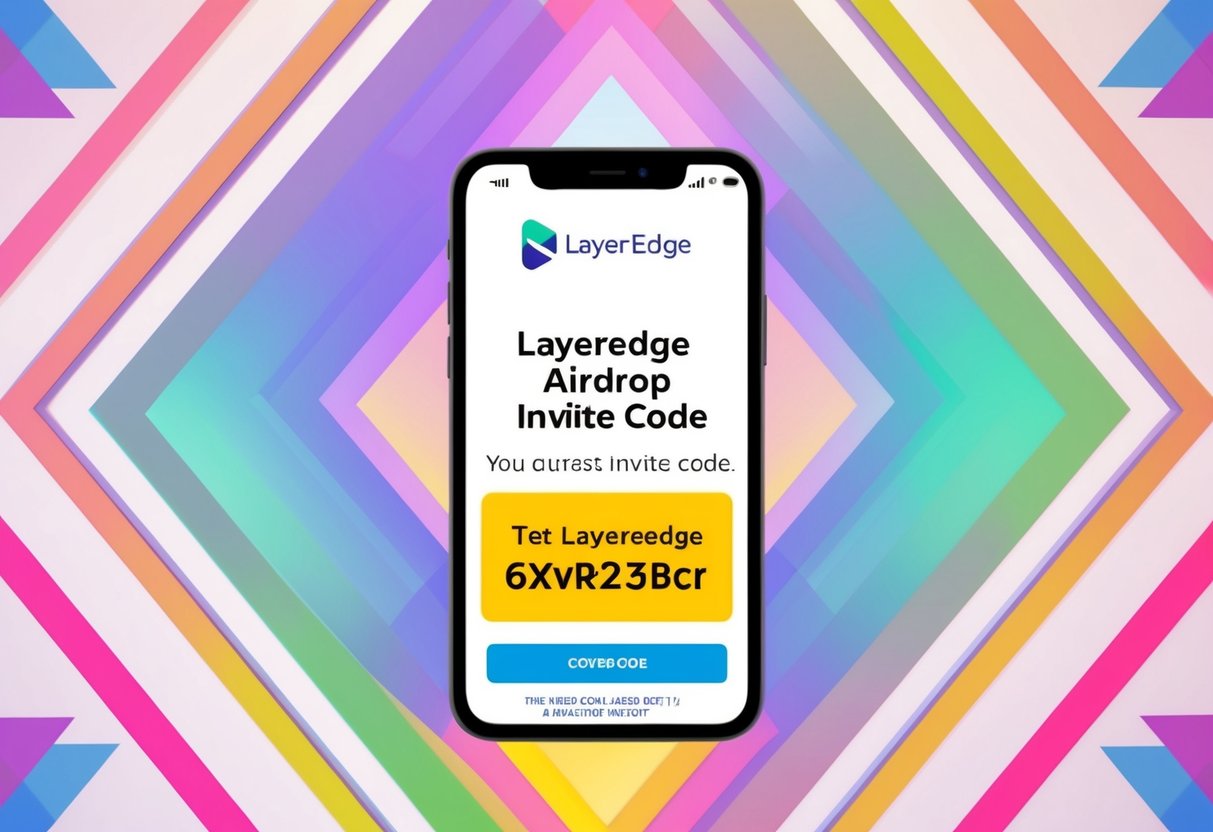 A smartphone screen displaying the Layeredge Airdrop Invite Code with a background of geometric patterns and vibrant colors