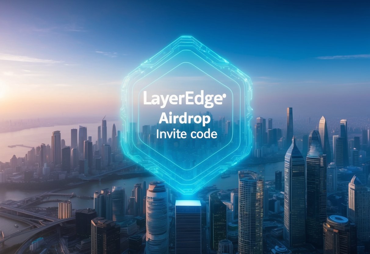 A futuristic cityscape with holographic projections displaying the Layeredge Airdrop invite code in the sky