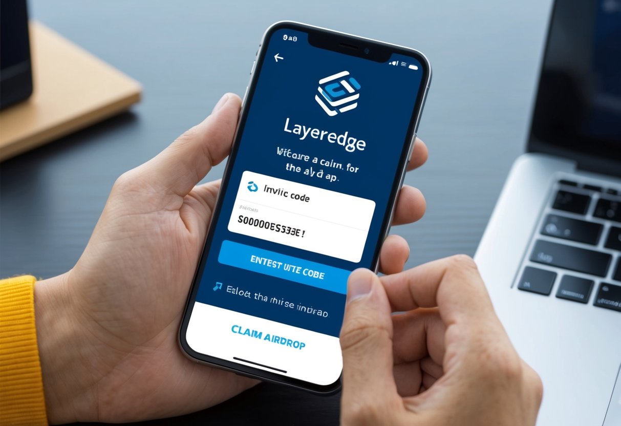 A hand holding a smartphone with the Layeredge Airdrop app open, entering the invite code and successfully claiming the airdrop