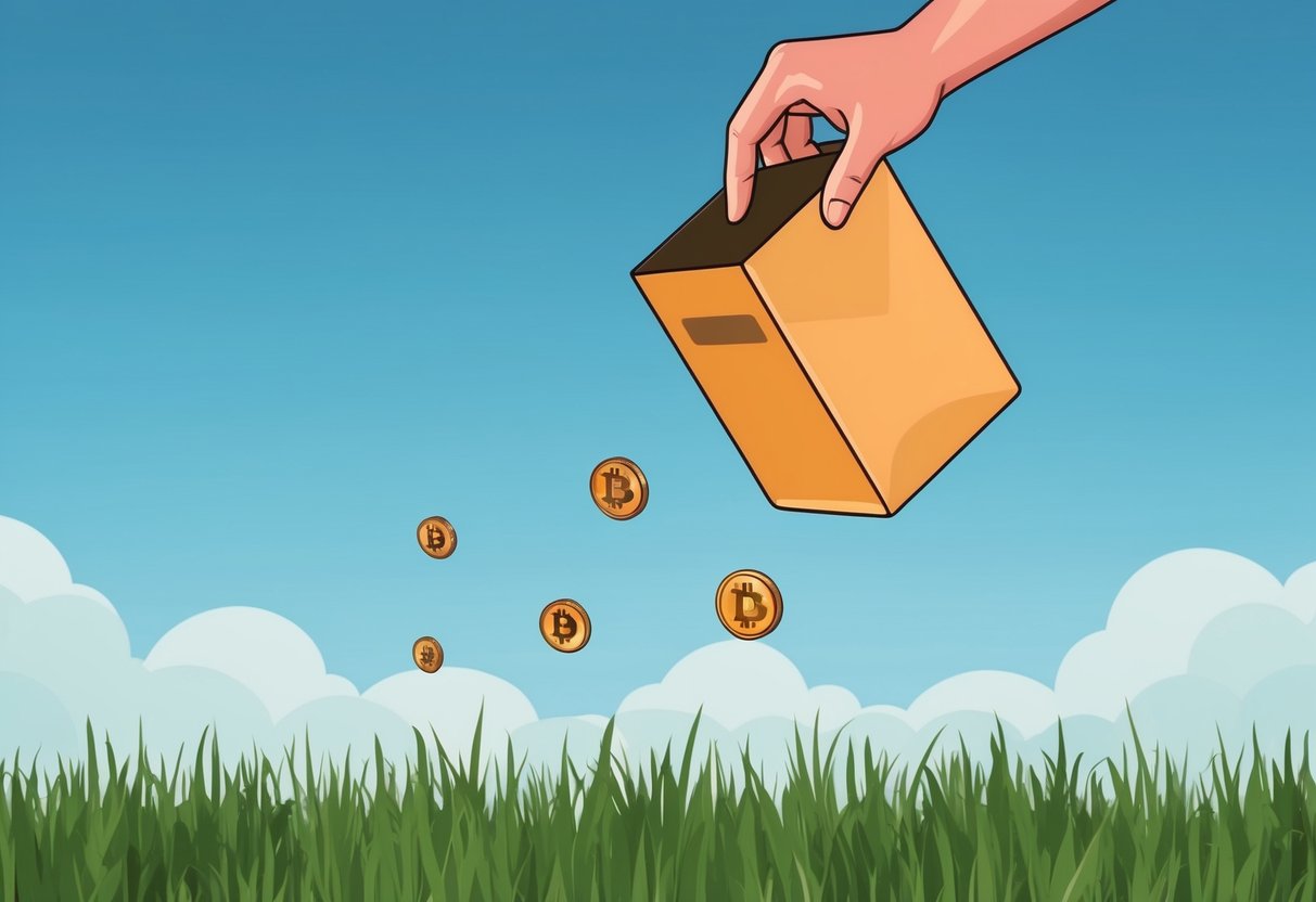 Airdrop package falling from sky onto grassy field