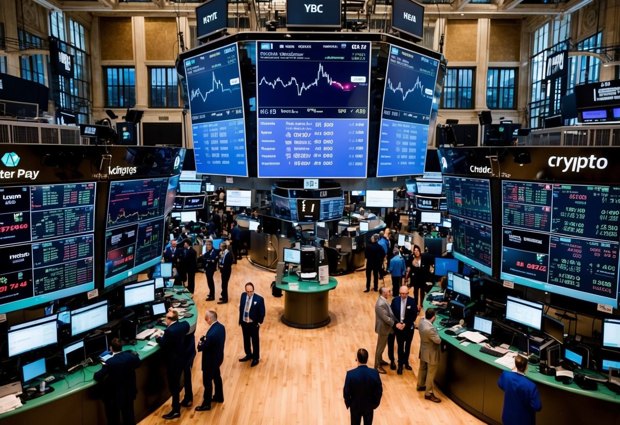 A bustling stock exchange floor with traders and screens displaying fluctuating prices