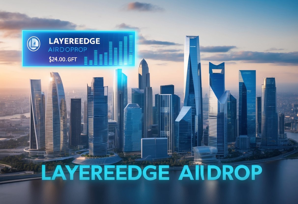 A futuristic city skyline with a digital ticker displaying fluctuating price predictions for Layeredge Airdrop