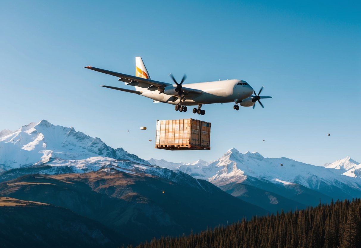 A cargo plane releasing supplies over a remote, mountainous landscape on a clear day