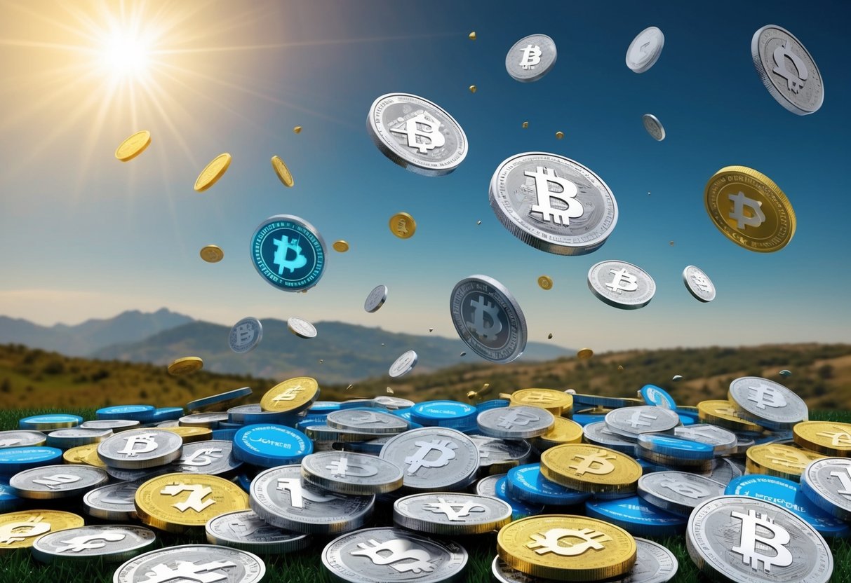 A group of various items, such as cryptocurrency tokens, coins, and digital assets, falling from the sky onto a landscape