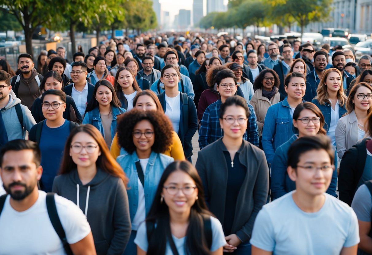 A crowd of diverse people eagerly await in line for the eligibility and participation definitive airdrop, with a sense of anticipation and excitement in the air