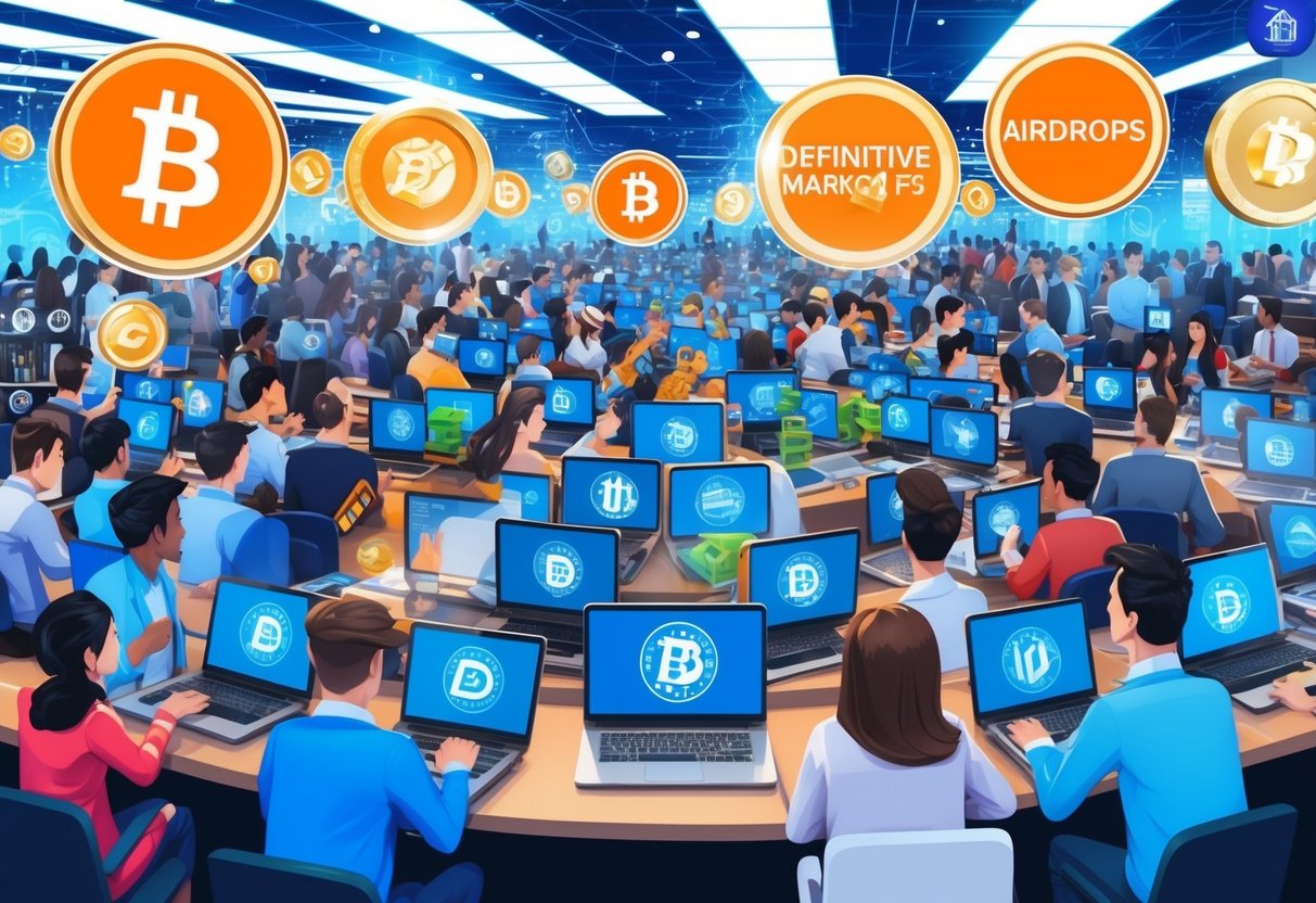 A crowded digital marketplace with various platforms offering definitive airdrops to eager participants