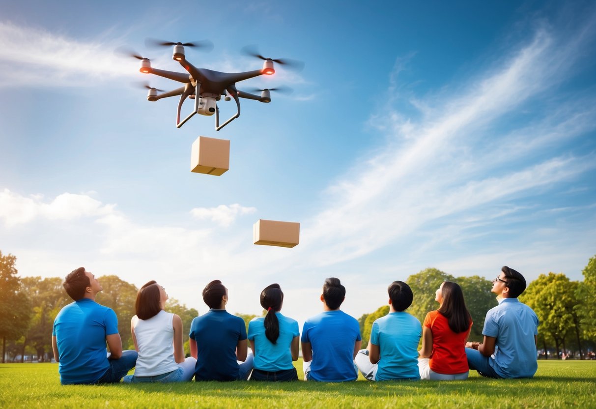 A group of people in a park, looking up at the sky as a drone drops a package