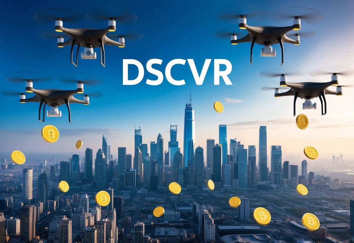 A futuristic city skyline with DSCVR logo projected in the sky, surrounded by flying drones dropping tokens to the ground