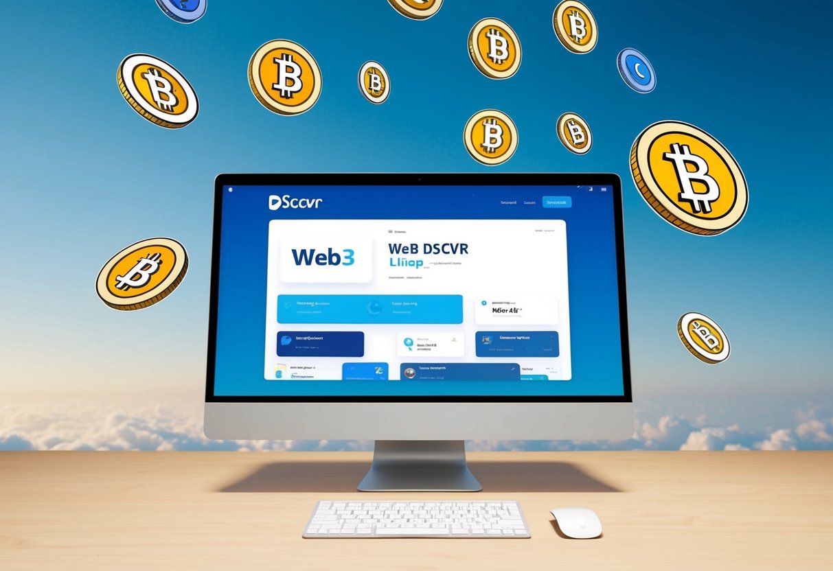 A computer screen displaying a Web3 DSCVR Airdrop with various digital tokens falling from the sky