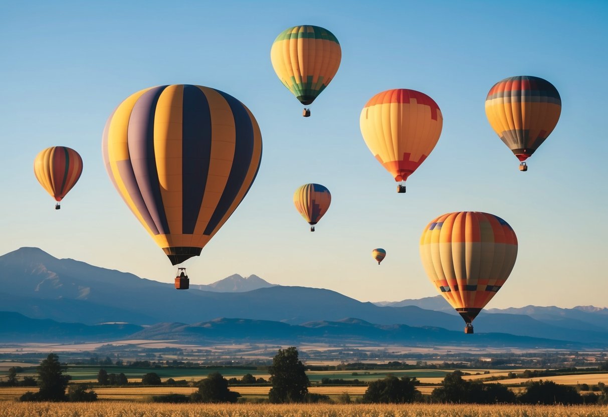 A group of colorful hot air balloons floating in the sky above a scenic landscape of mountains and fields