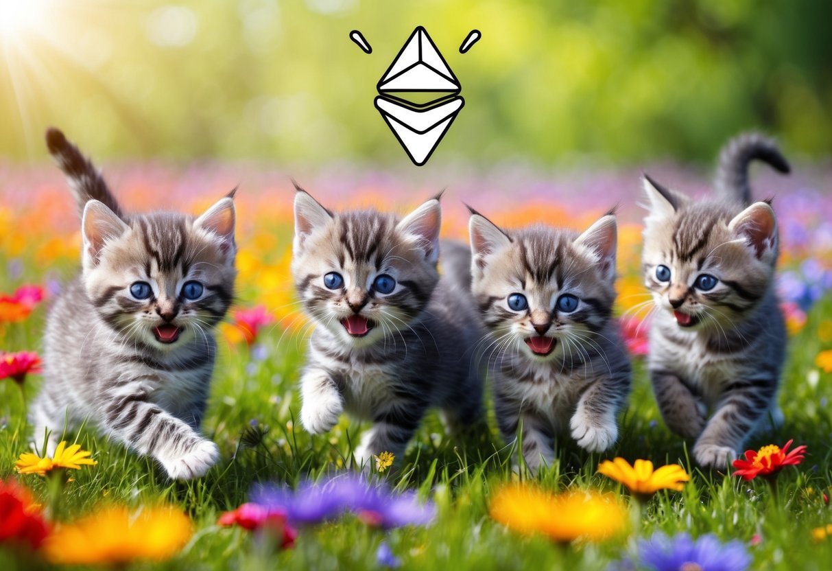 A group of playful kittens frolicking in a field of colorful flowers, with a whimsical airdrop symbol floating above them