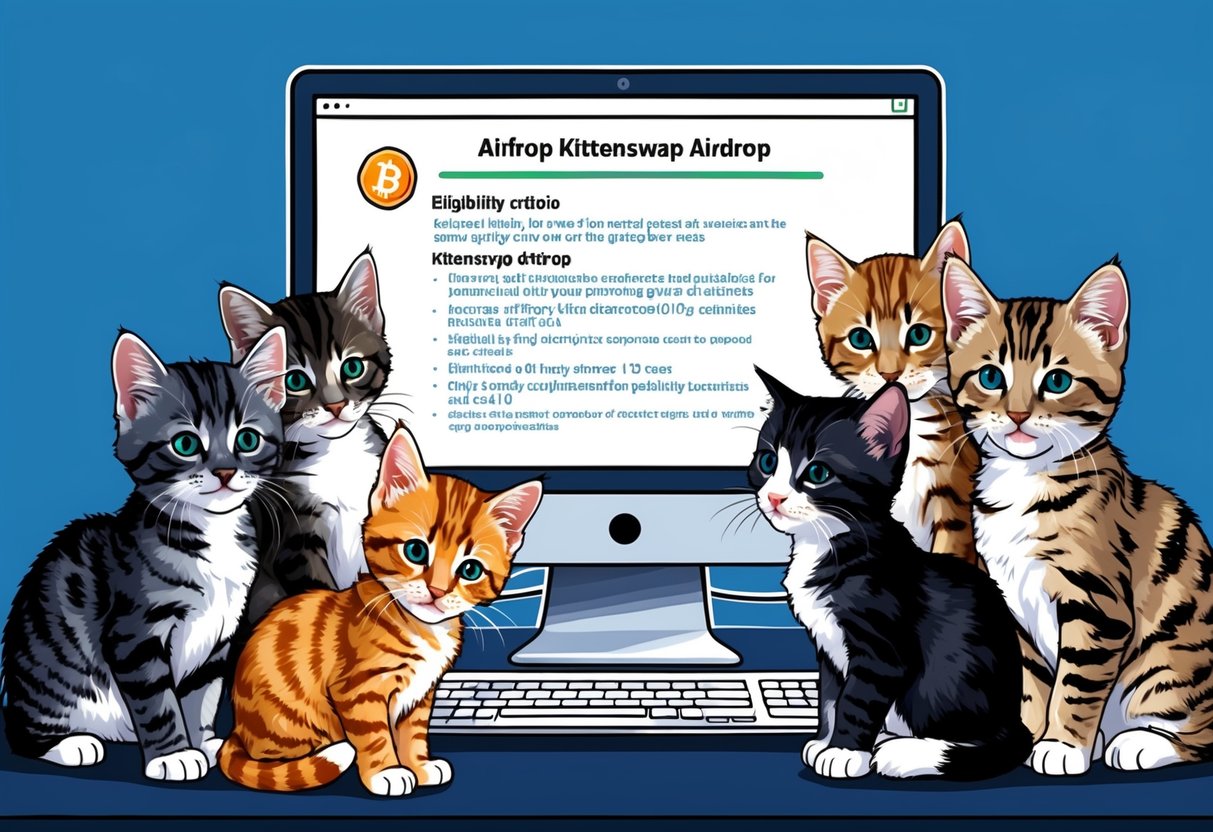 A group of adorable kittens gathered around a computer screen displaying the eligibility criteria for the Airdrop Kittenswap Airdrop