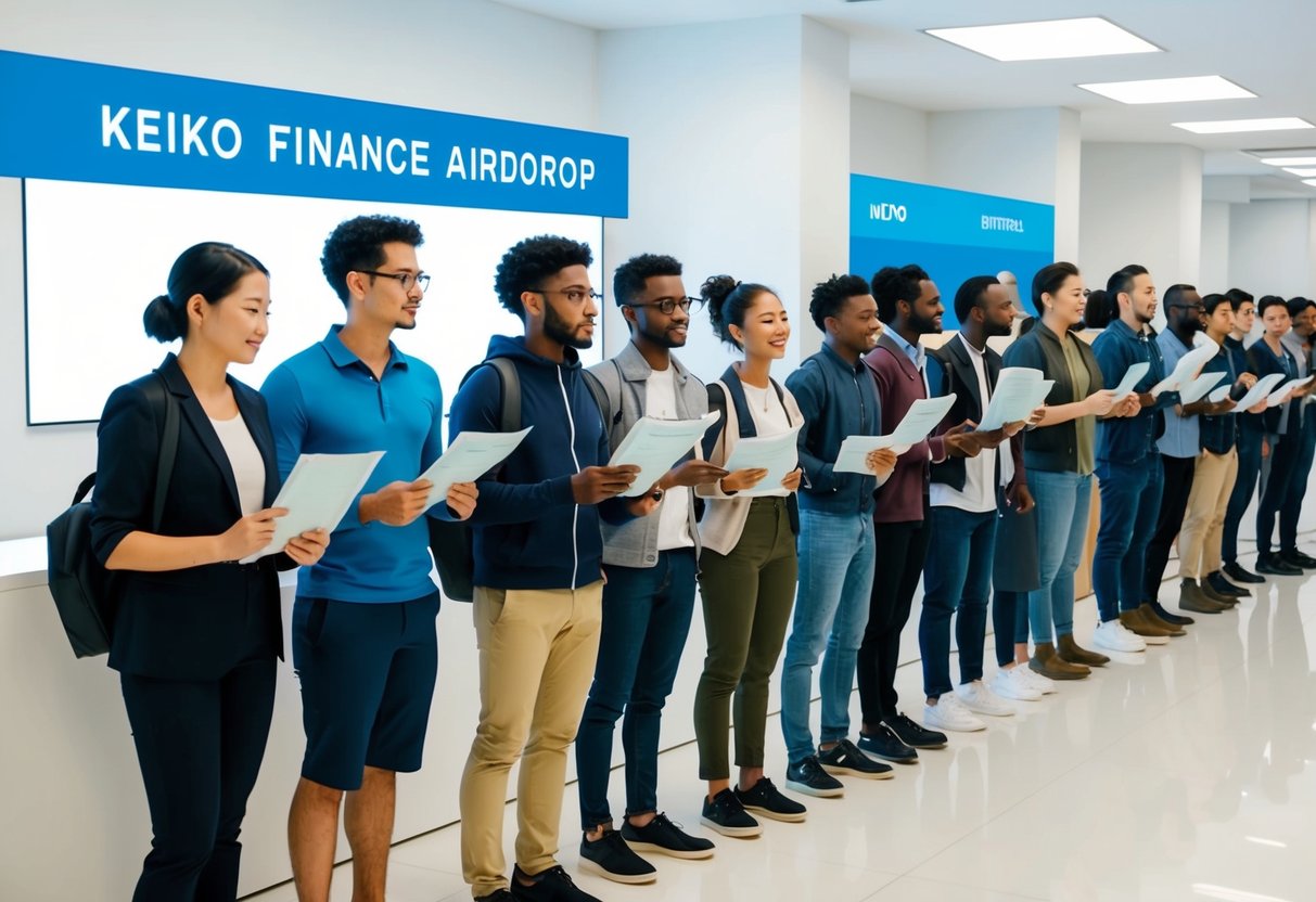 A group of diverse individuals eagerly await in line, holding documents and ID cards, as they prepare to submit their eligibility criteria for the Keiko Finance Airdrop