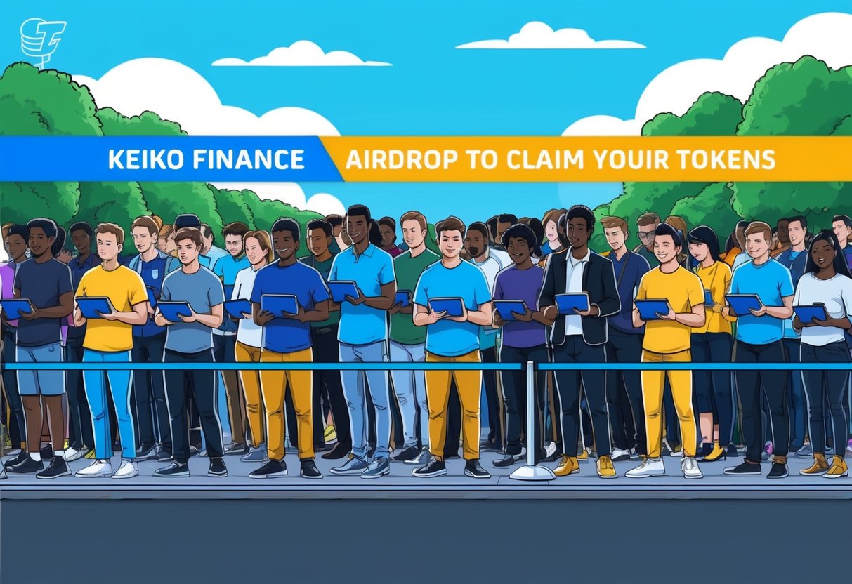 A group of people lining up with their electronic devices to participate in the Keiko Finance Airdrop, eagerly waiting for their chance to claim their tokens