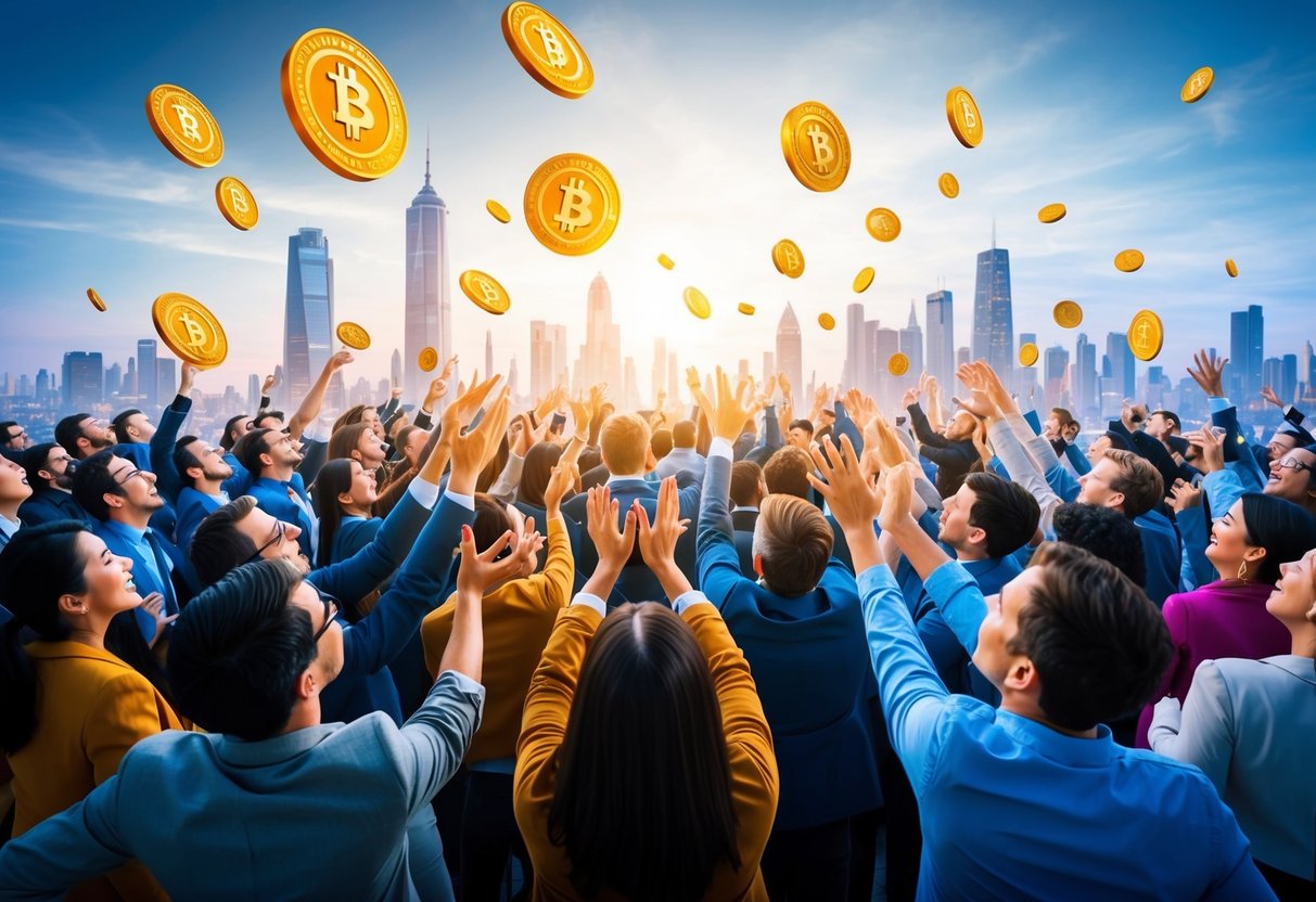 A crowd of people eagerly reaching out to grab floating tokens in a futuristic cityscape