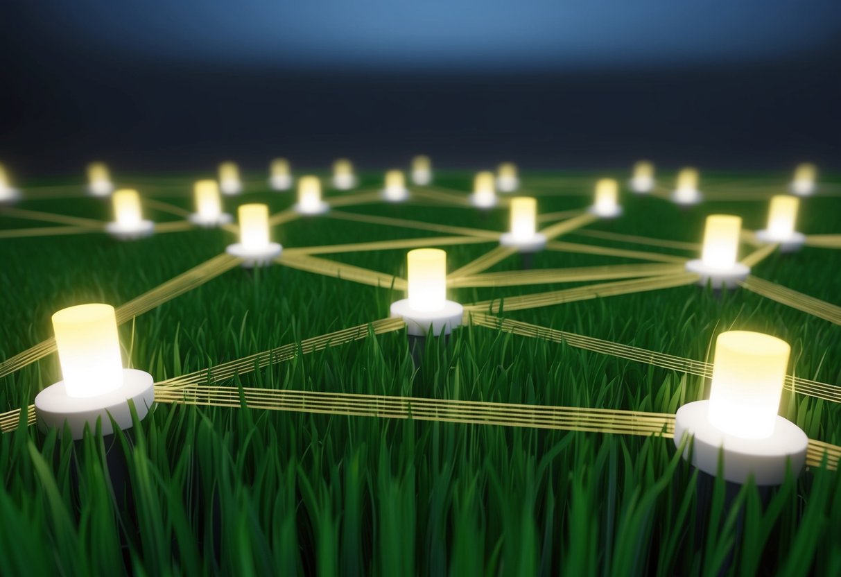 A network of grass-like structures with glowing nodes, emitting signals in all directions