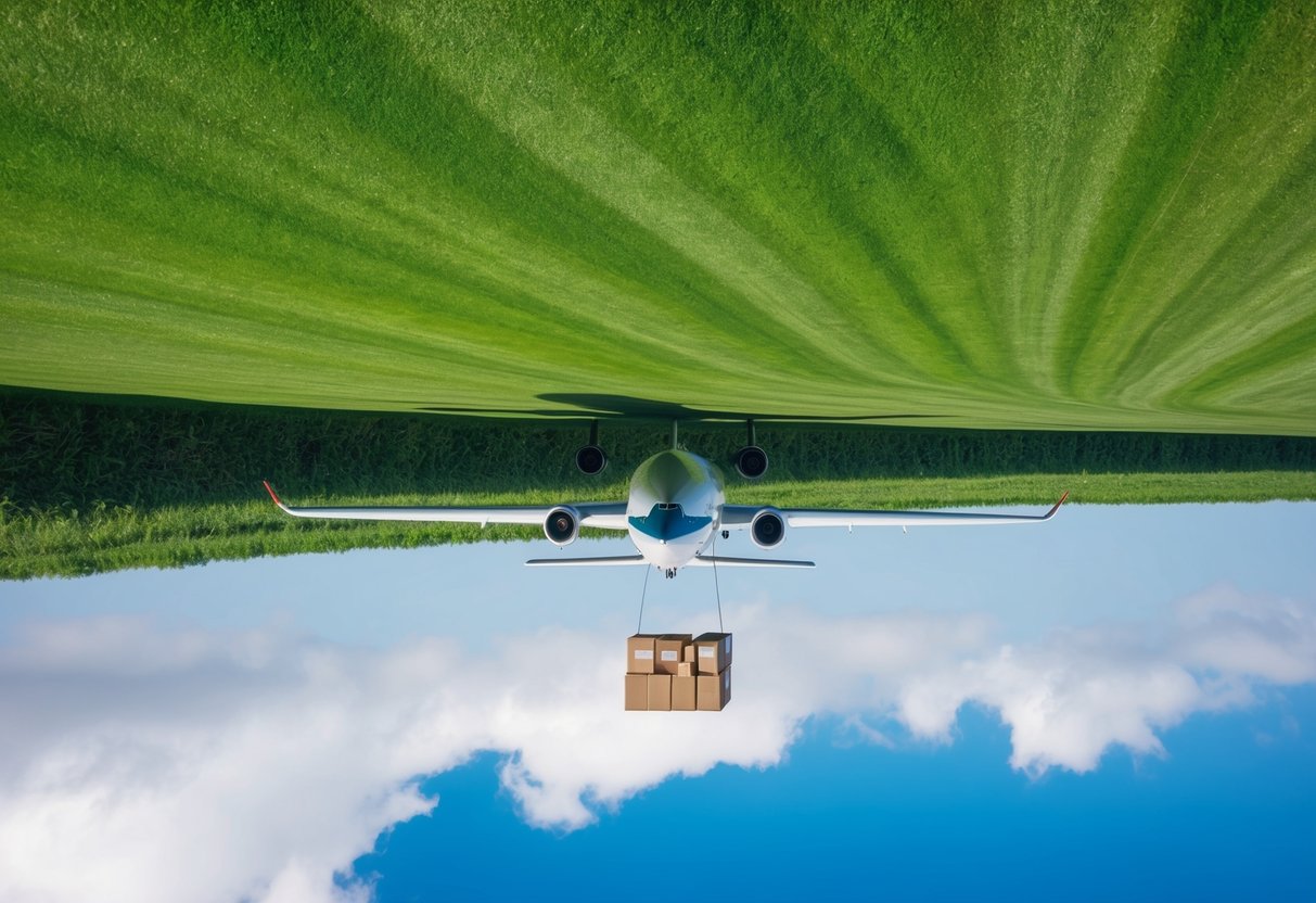 Lush green grass field with a cargo plane dropping supplies from the sky