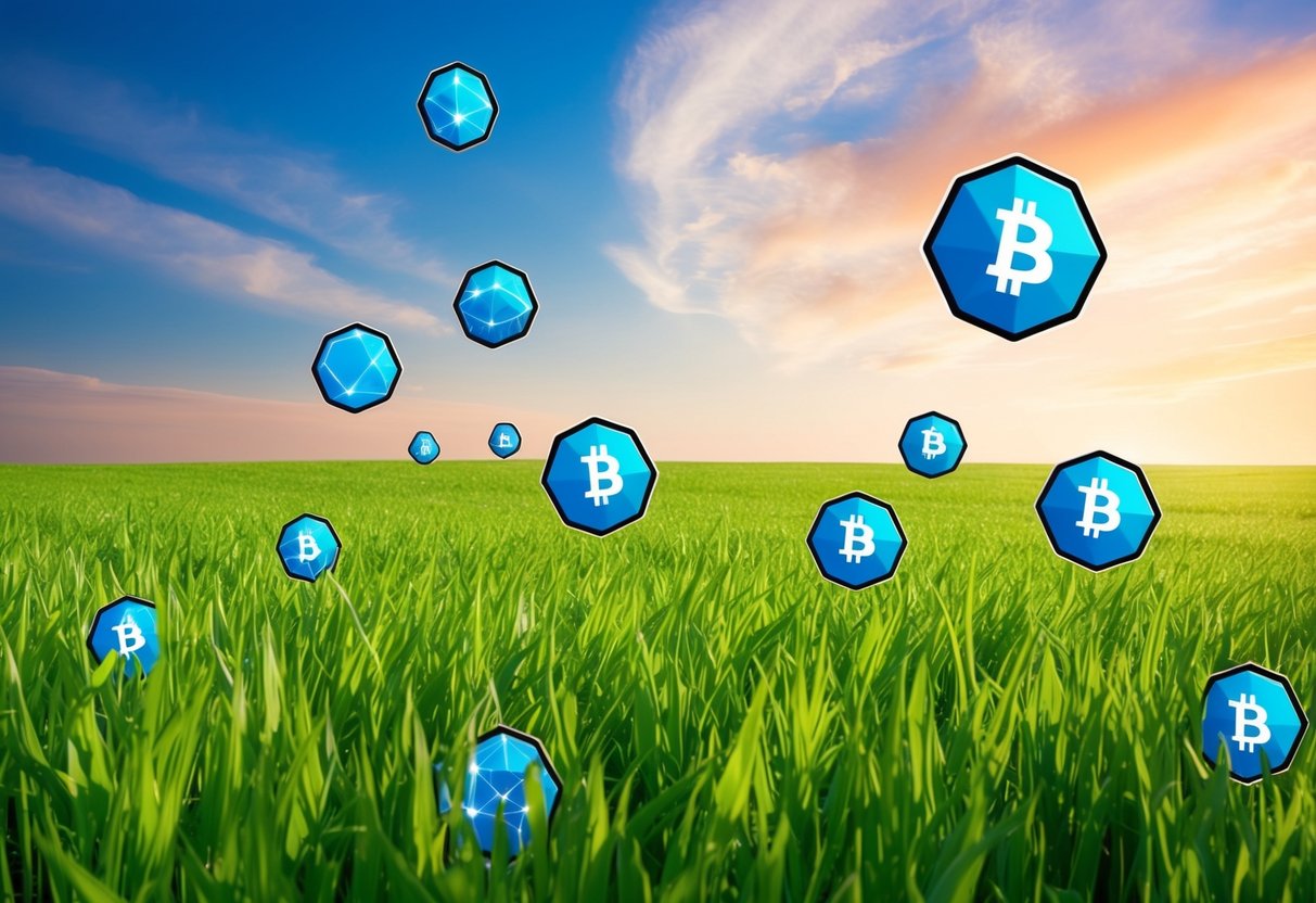 A vibrant field of grass with digital network nodes dropping from the sky