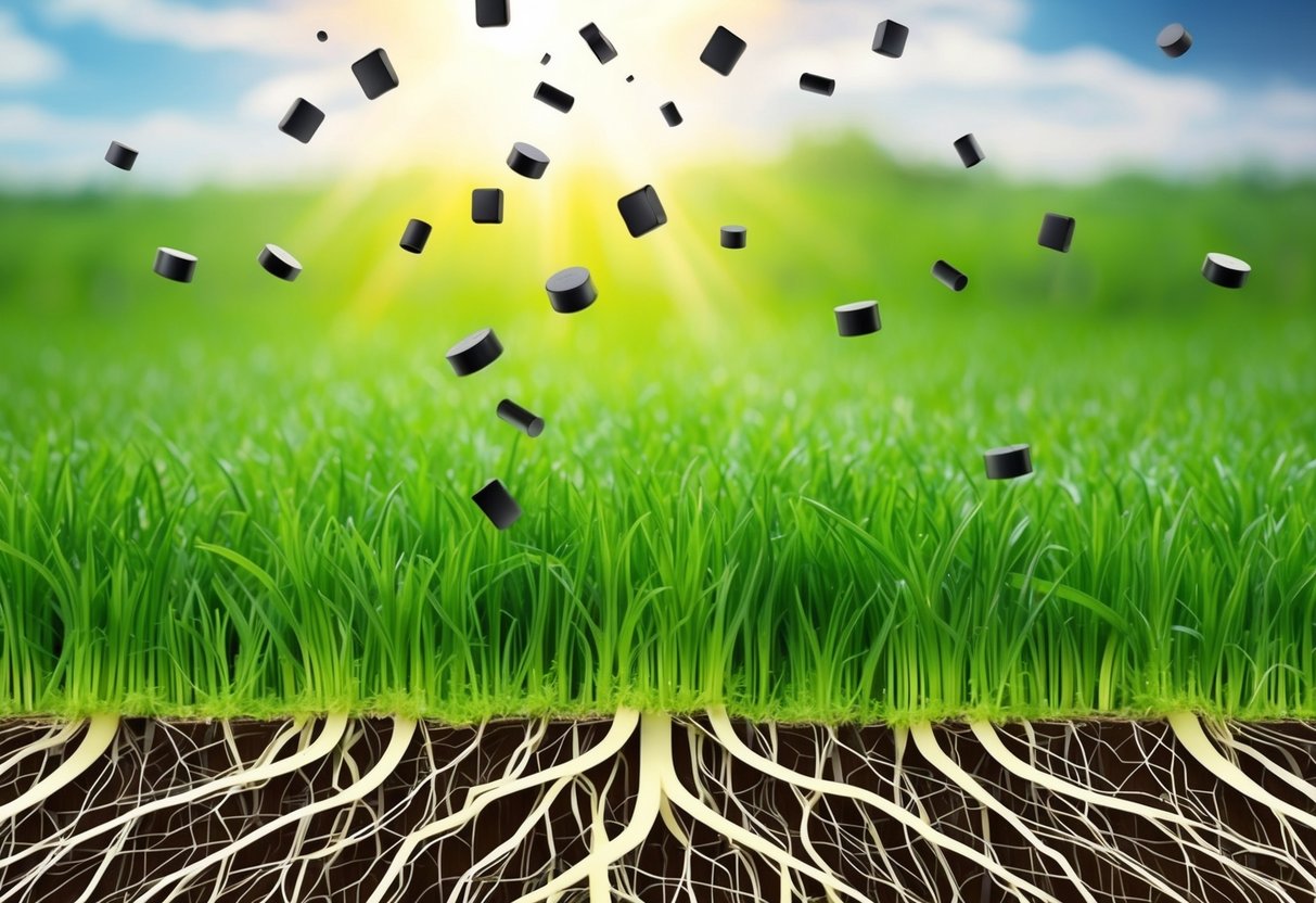 Lush green grass with interconnected roots forming a network, with small objects dropping from the sky