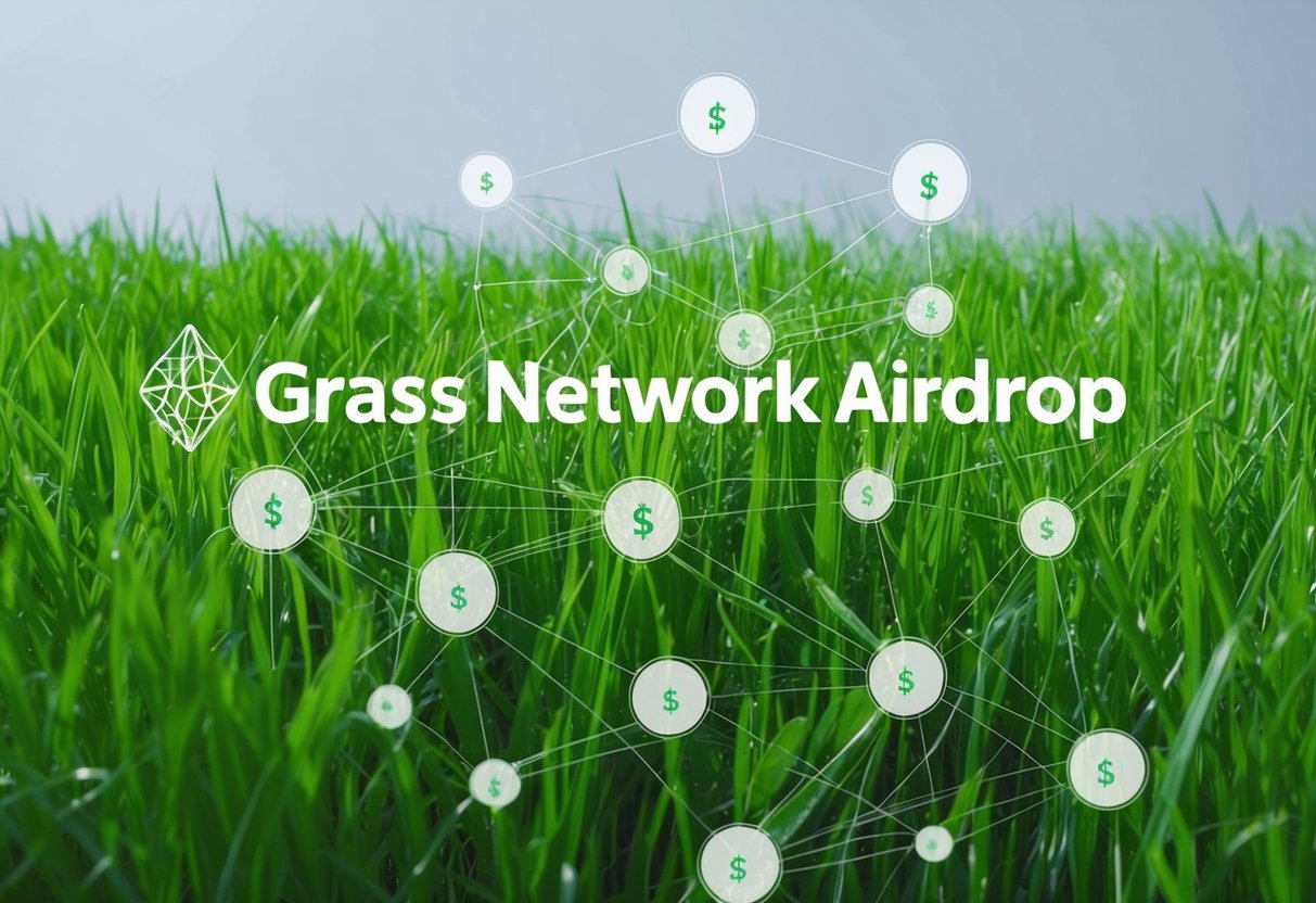 Lush green grass spreading across a network of interconnected nodes, symbolizing the Grass Network Airdrop