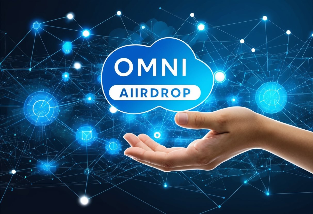 A hand reaching out to claim an OMNI airdrop amidst a digital landscape of interconnected nodes and signals