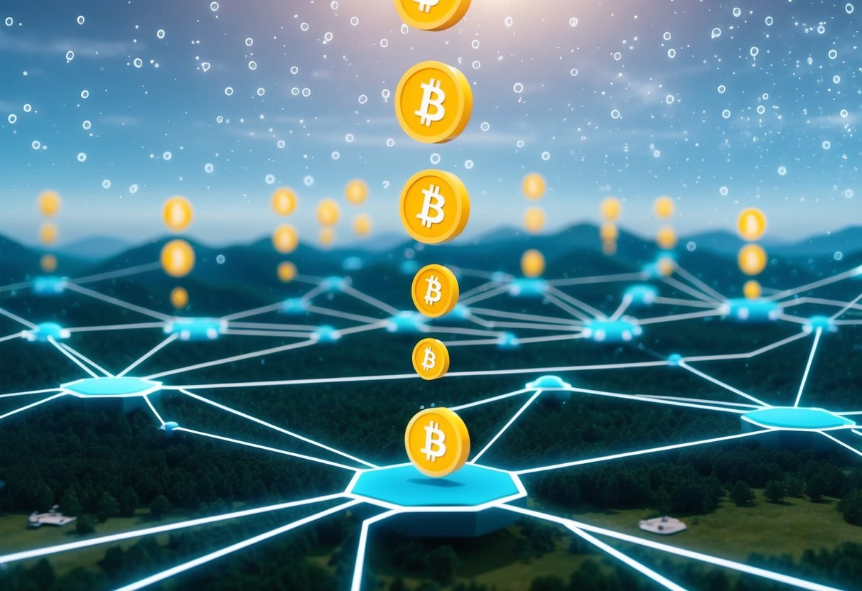 A futuristic landscape with digital tokens raining down from the sky onto a network of interconnected nodes
