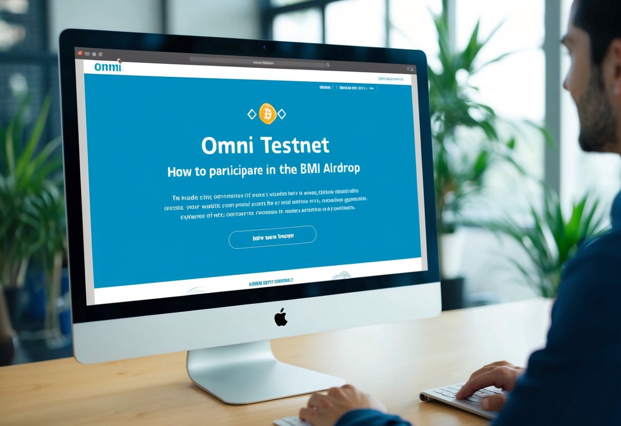A computer screen displaying the Omni Testnet website with a clear explanation of how to participate in the airdrop