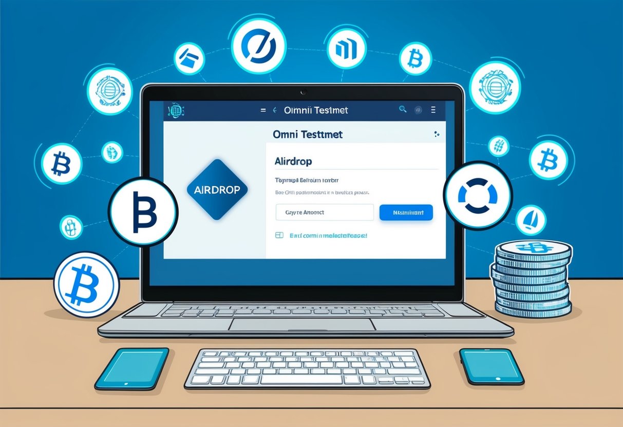 A computer screen displaying the Omni testnet interface with airdrop functionality highlighted, surrounded by various blockchain symbols and icons