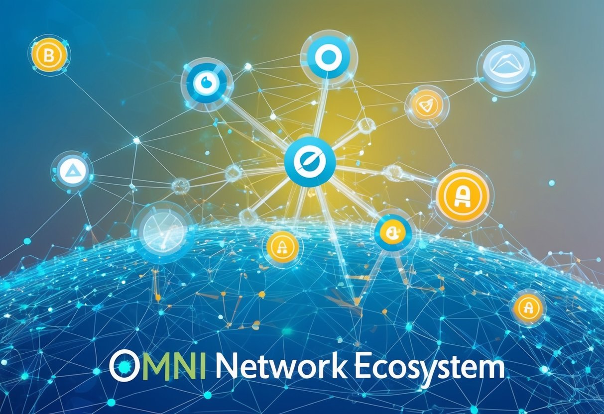 A vibrant network of interconnected nodes and symbols representing the Omni Network ecosystem, with airdrop tokens floating freely