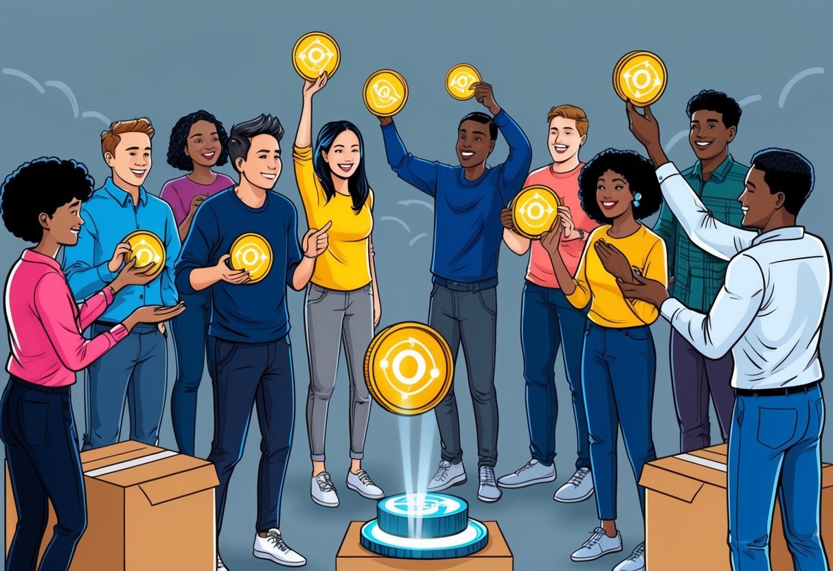 A group of diverse individuals receiving free tokens from the Omni Network airdrop, with a sense of excitement and anticipation in the air