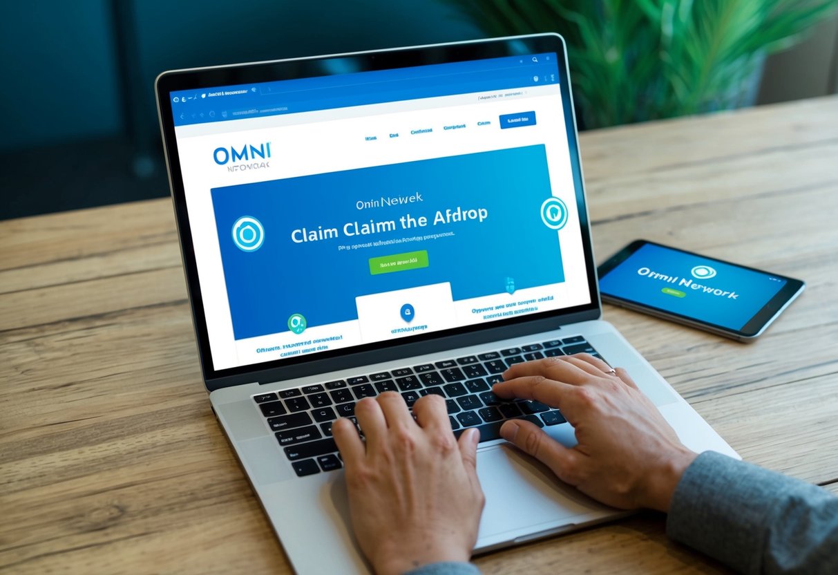 A person opening a laptop, navigating to the Omni Network website, and following the step-by-step guide to claim the airdrop