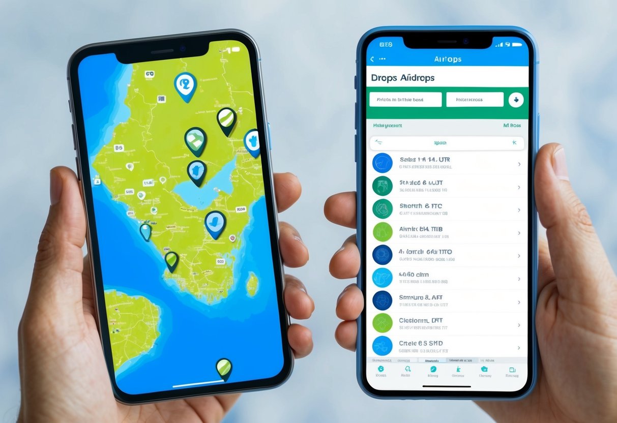 A smartphone displaying a map with location markers and a digital interface showing a list of airdrops