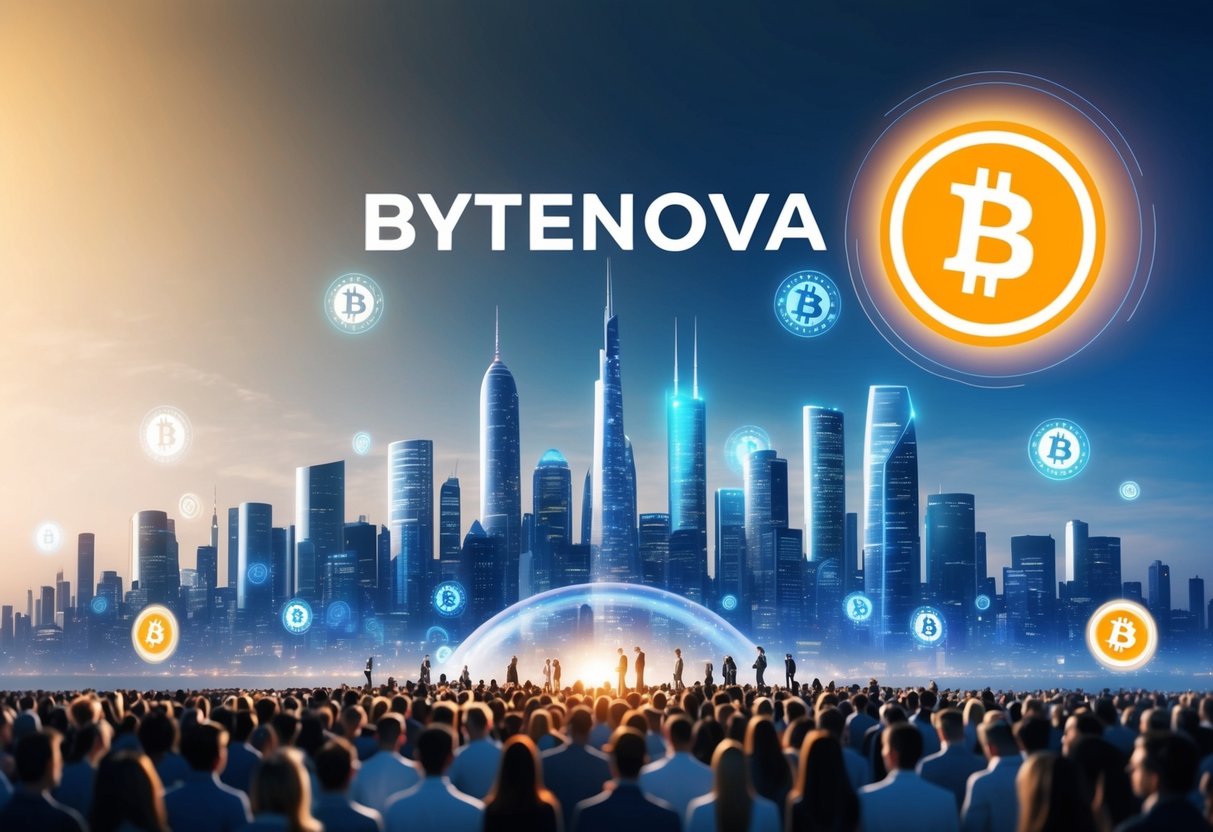 A futuristic city skyline with a glowing Bytenova logo hovering in the sky, surrounded by digital currency symbols and a crowd of people below