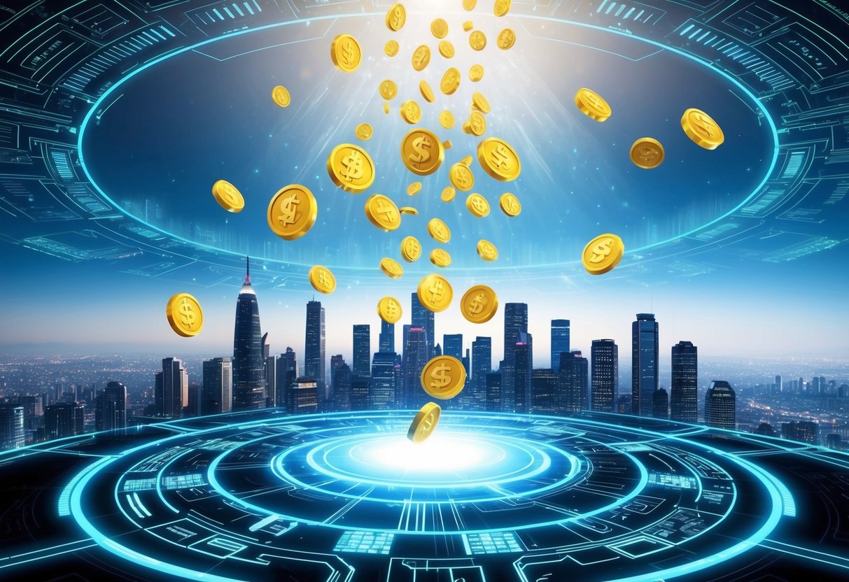 A futuristic cityscape with digital tokens raining down from the sky, surrounded by a glowing aura of technology
