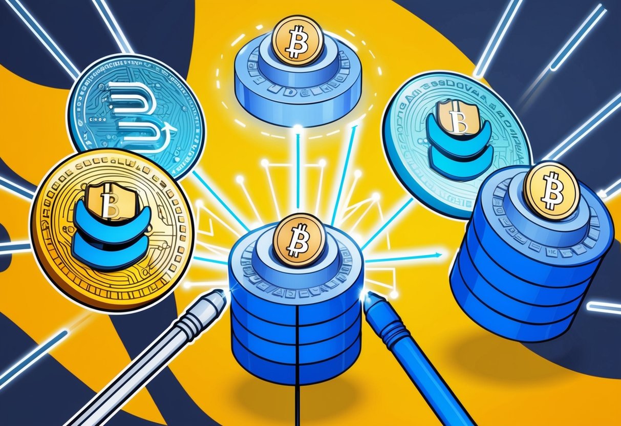 A group of digital assets being transferred from one platform to another, with Bytenova Airdrop standing out among competing solutions