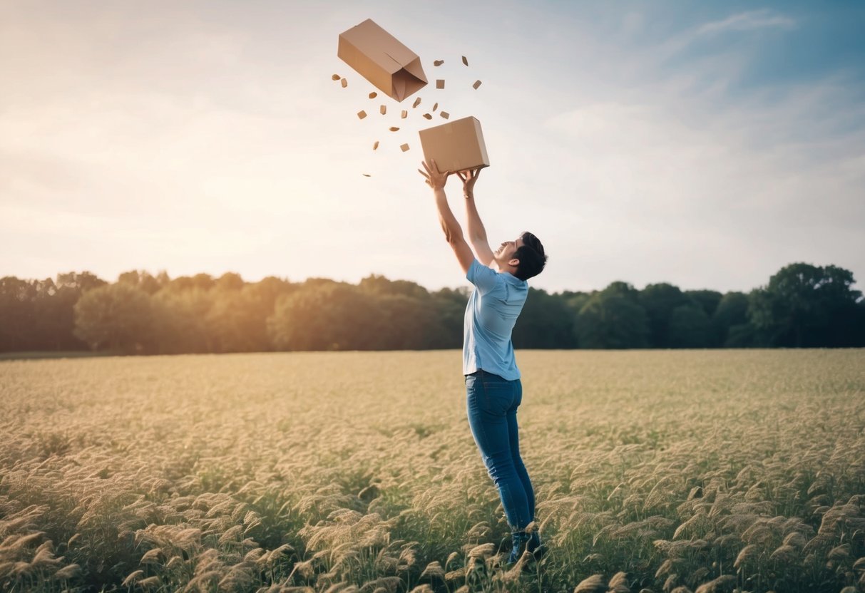A person standing in a field, reaching up to catch a package dropping from the sky