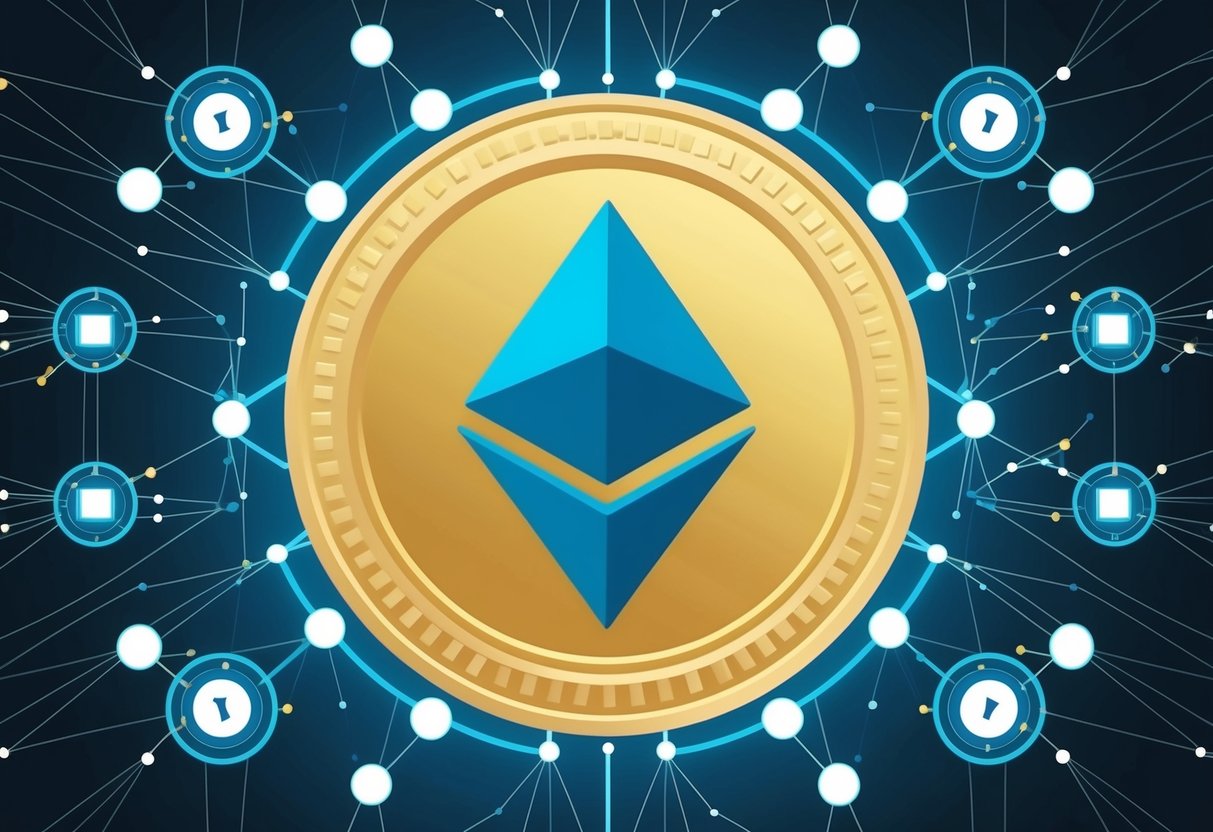 A digital Zora airdrop symbolizes a decentralized distribution of tokens, surrounded by a network of interconnected nodes and lines representing the blockchain technology