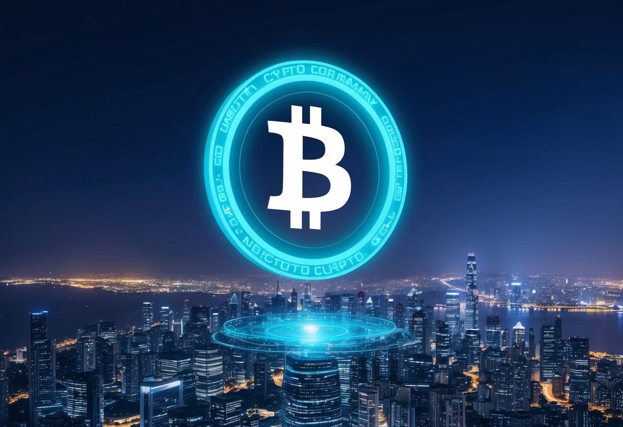 A digital currency symbol hovering above a city skyline at night, with glowing lights and a sense of futuristic technology