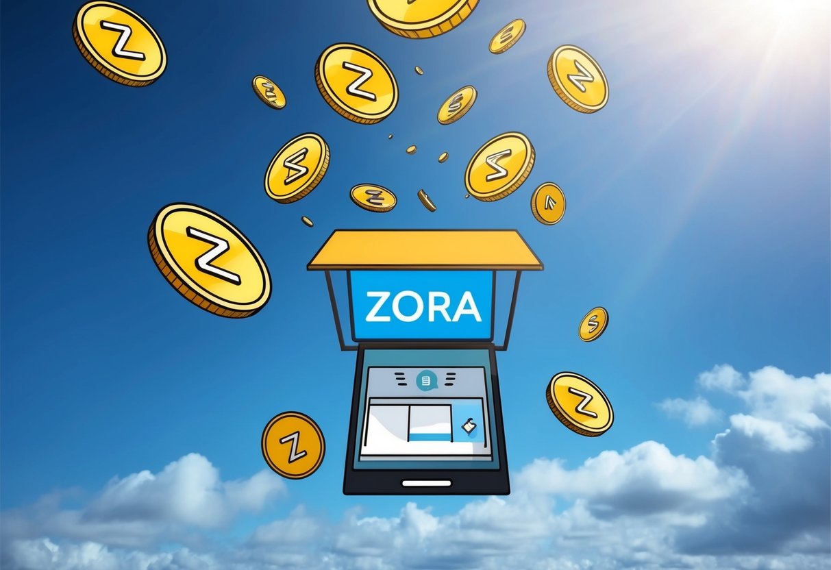 A digital marketplace with Zora logo dropping tokens from the sky