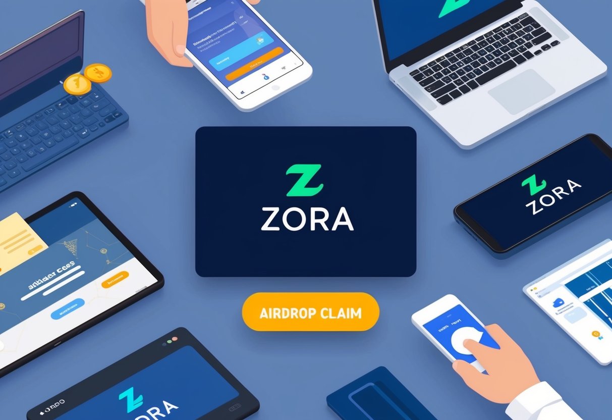Various digital platforms and wallets displaying Zora logo and airdrop claim button