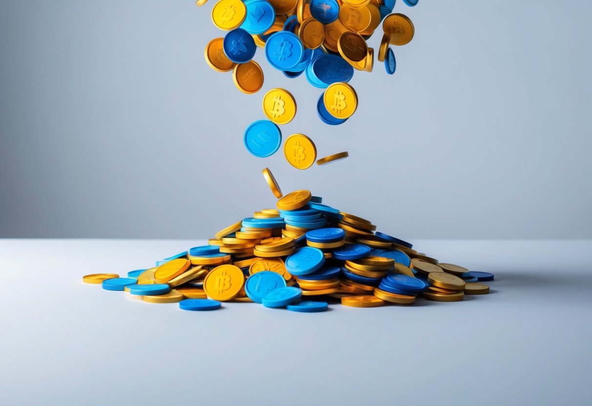 A pile of colorful tokens falling from the sky onto a blank surface