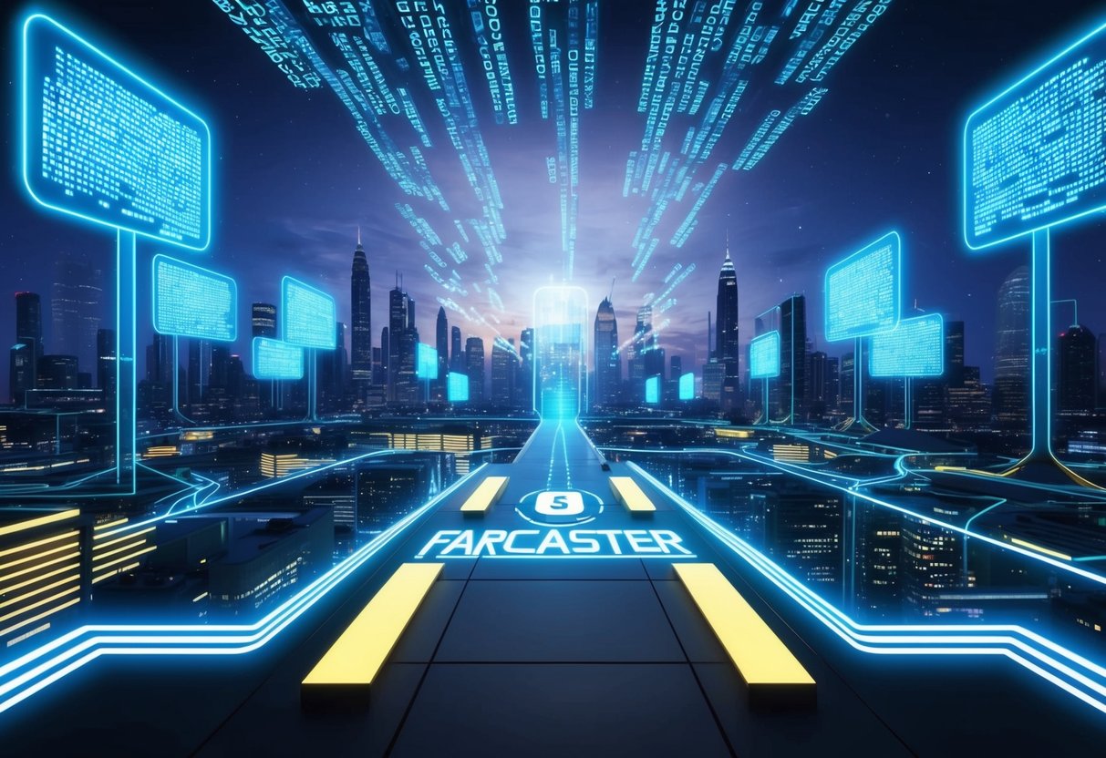 A futuristic cityscape with glowing holographic signs and a stream of digital data flowing through the air, leading towards a central point where a Farcaster airdrop is taking place