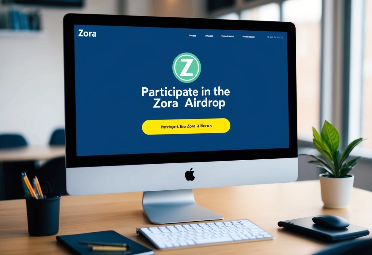A computer screen displaying the Zora website with a "Participate in the Zora Airdrop" button highlighted