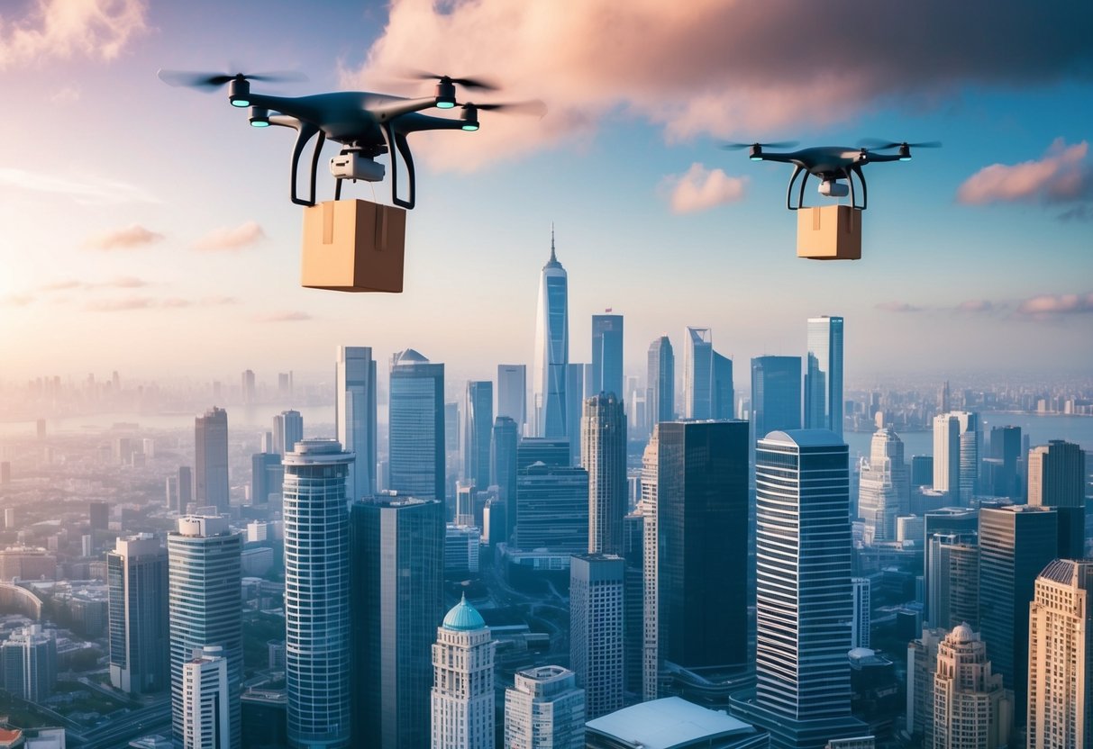 A futuristic city skyline with drones dropping packages from the sky