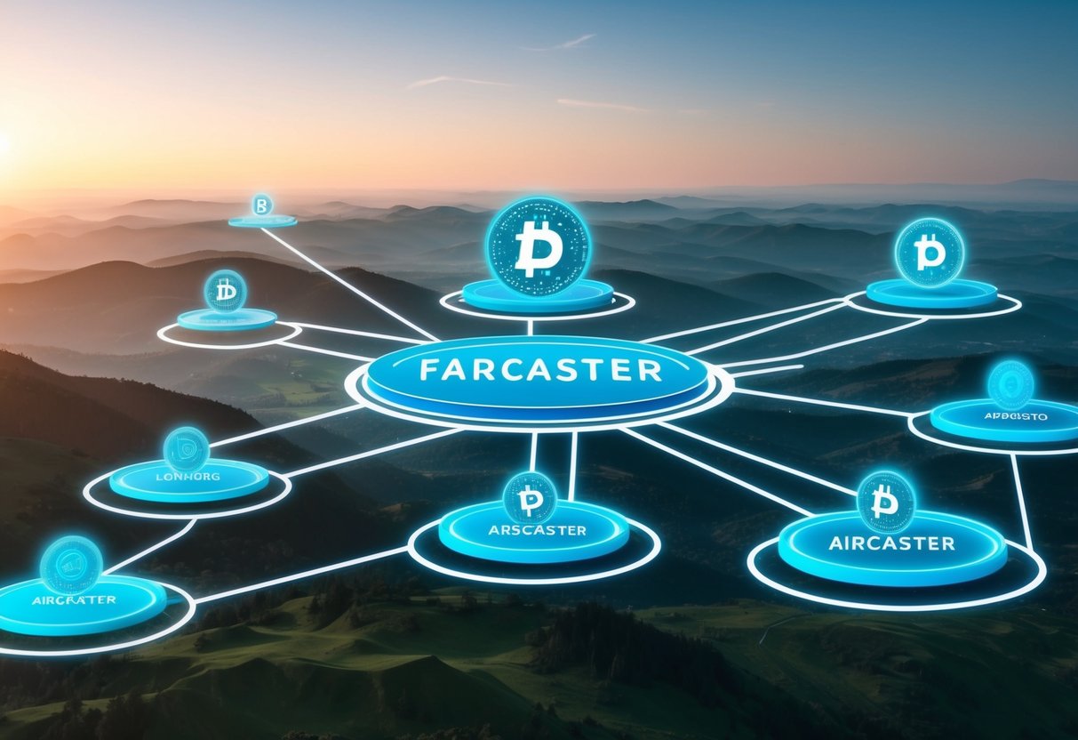 A futuristic landscape with a network of farcaster airdrop platforms connecting various ecosystems