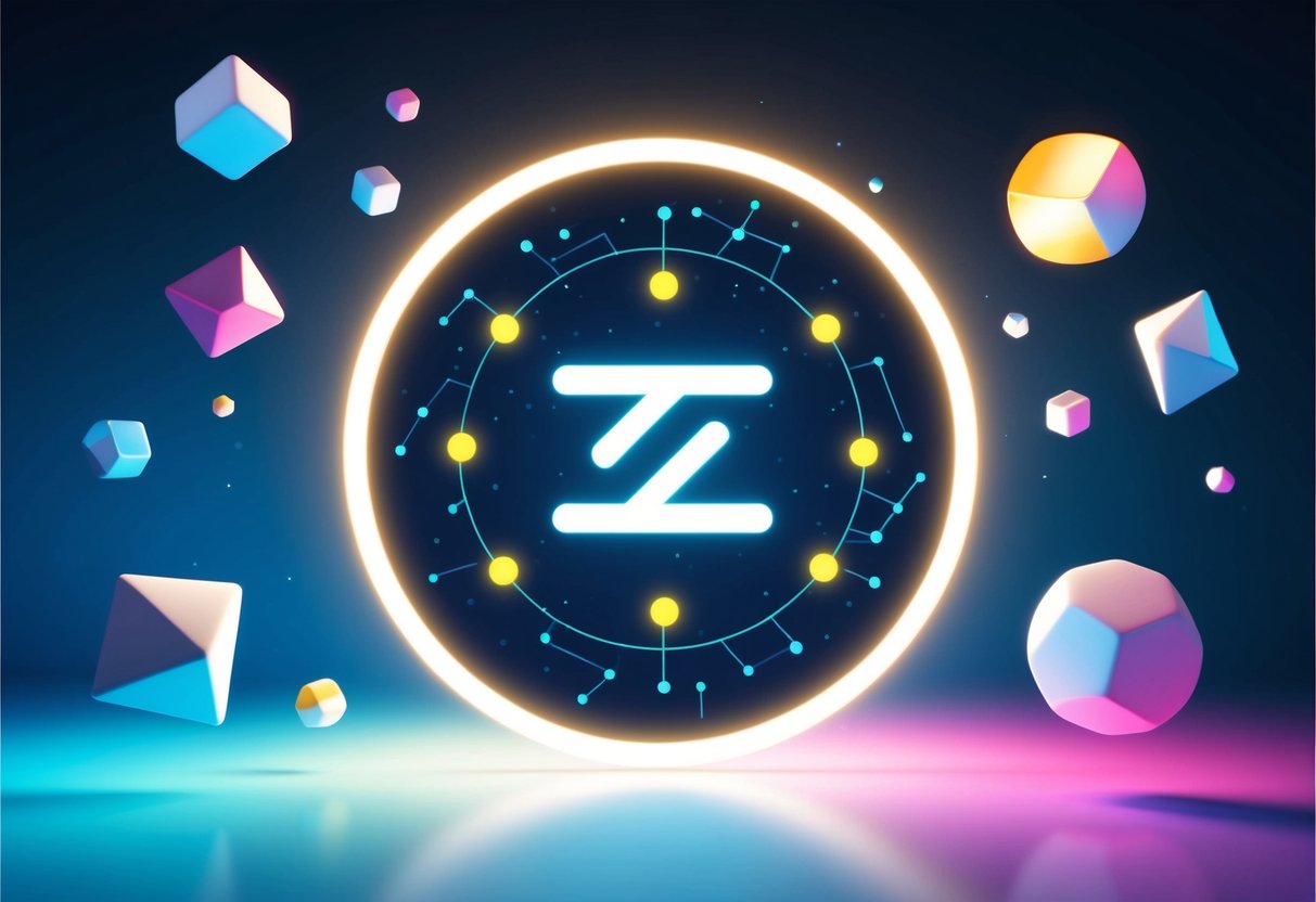 A glowing Zora Network logo surrounded by floating NFTs in various shapes and colors