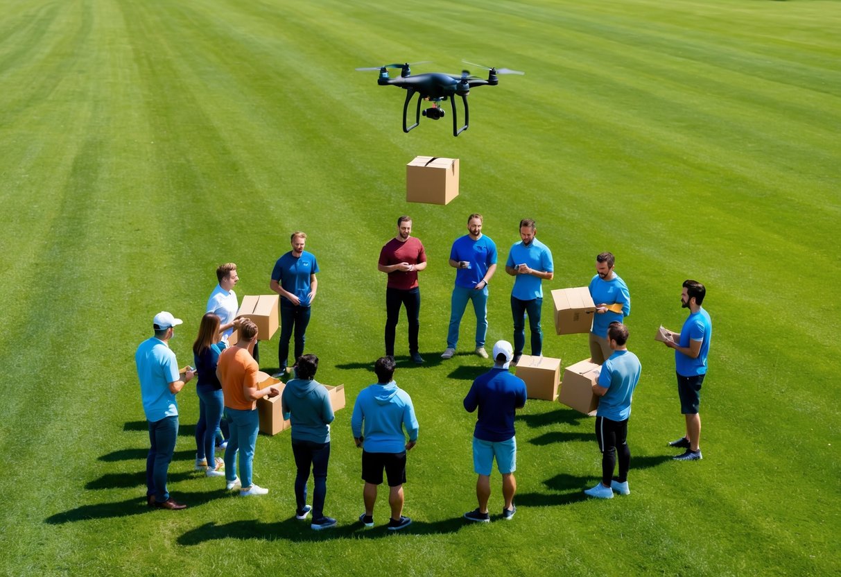 A group of people gather around as packages are dropped from a drone in a grassy field
