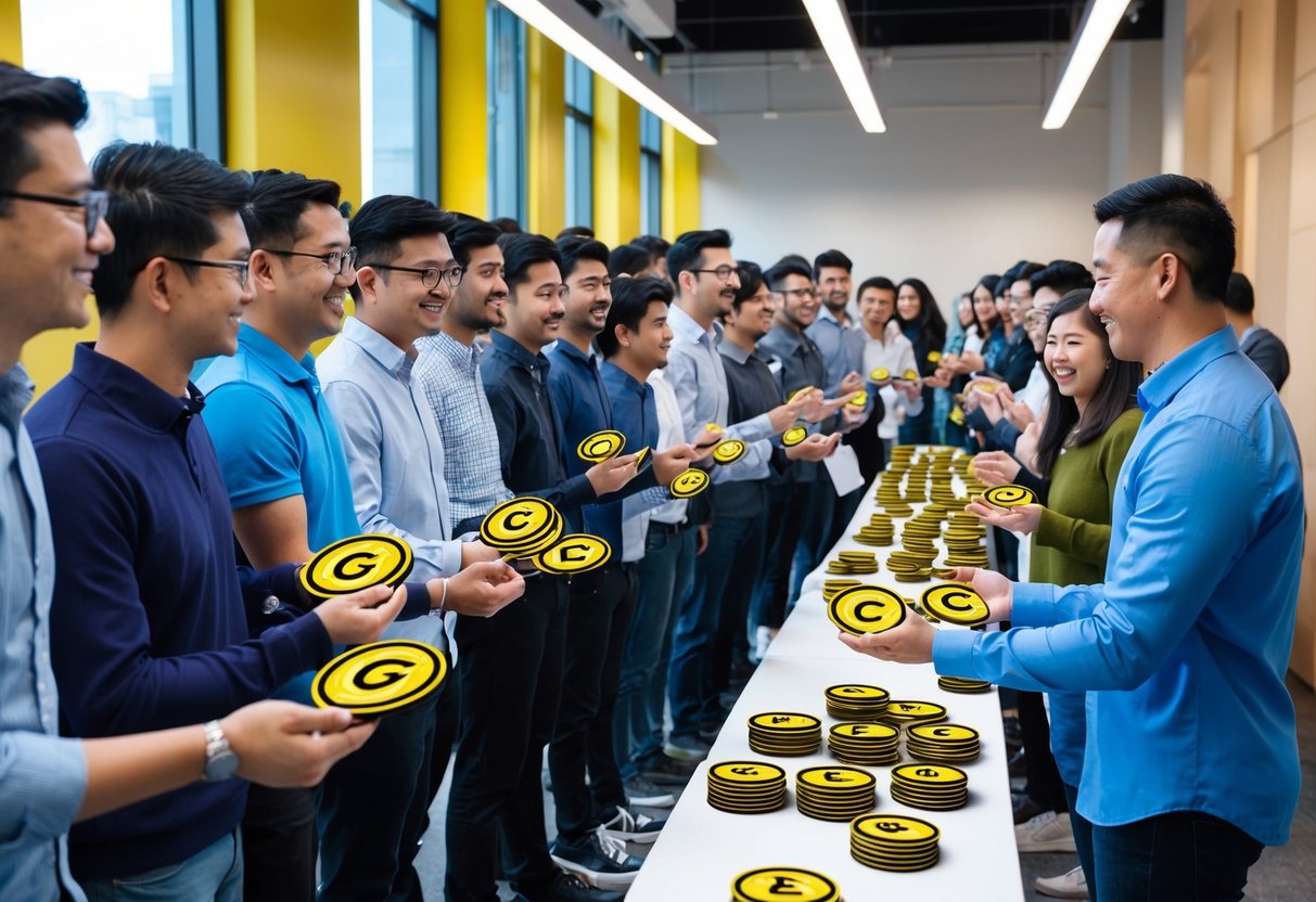A group of people eagerly lining up to receive free airdrop tokens from 0g Labs, with a representative handing out tokens to each participant