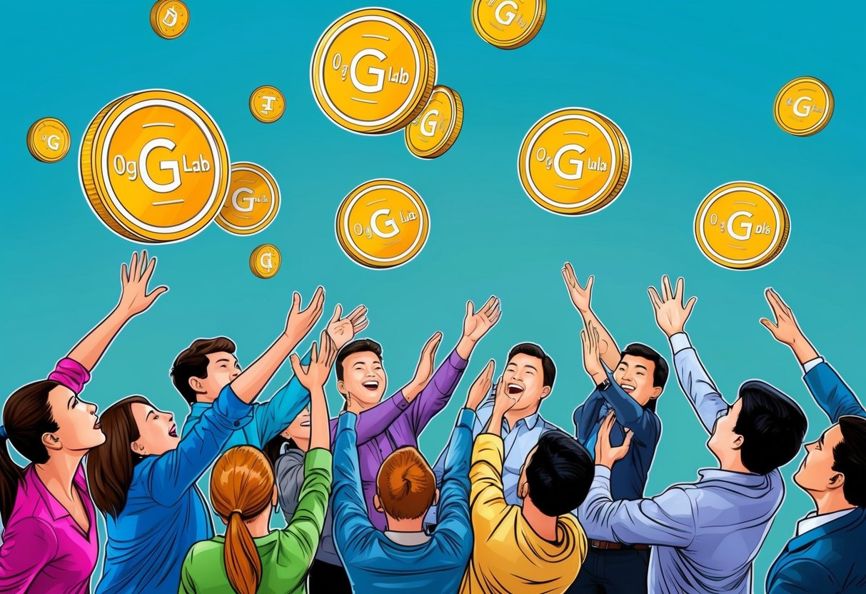 A group of people eagerly reaching out to grab floating tokens representing the benefits and opportunities of the 0g Labs Airdrop